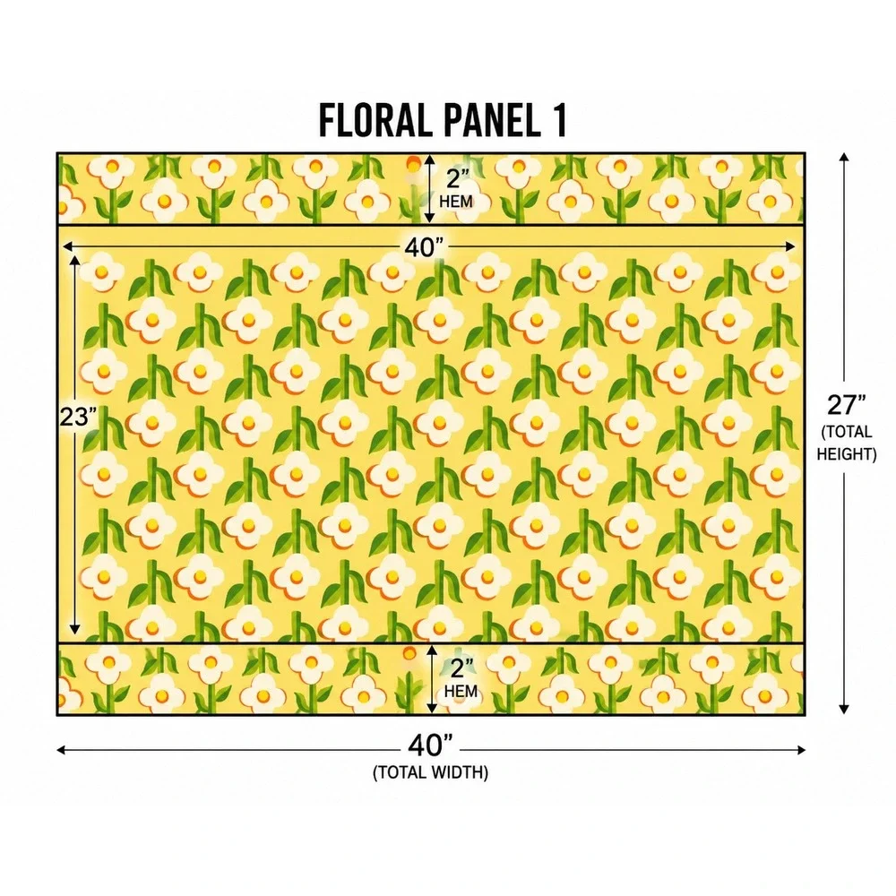 Vintage Sears Perma-Prest Holly Hobbie Style Yellow Floral Valance & Panels Set